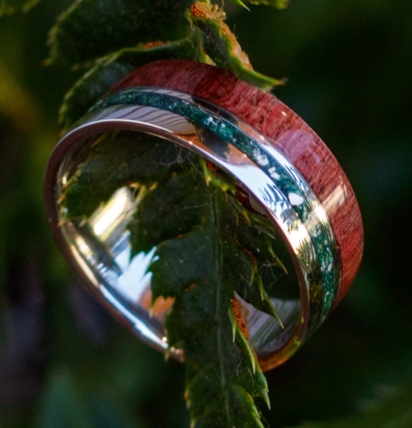 Elegant Stainless Steel Rose Wood Ring W/ Custom Inlay