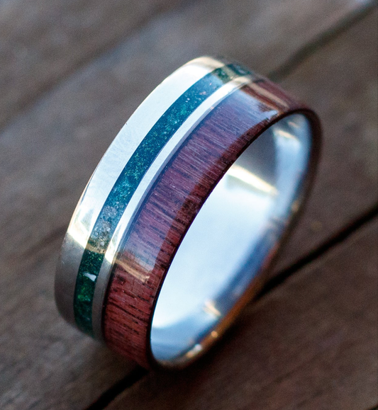 Elegant Stainless Steel Rose Wood Ring W/ Custom Inlay