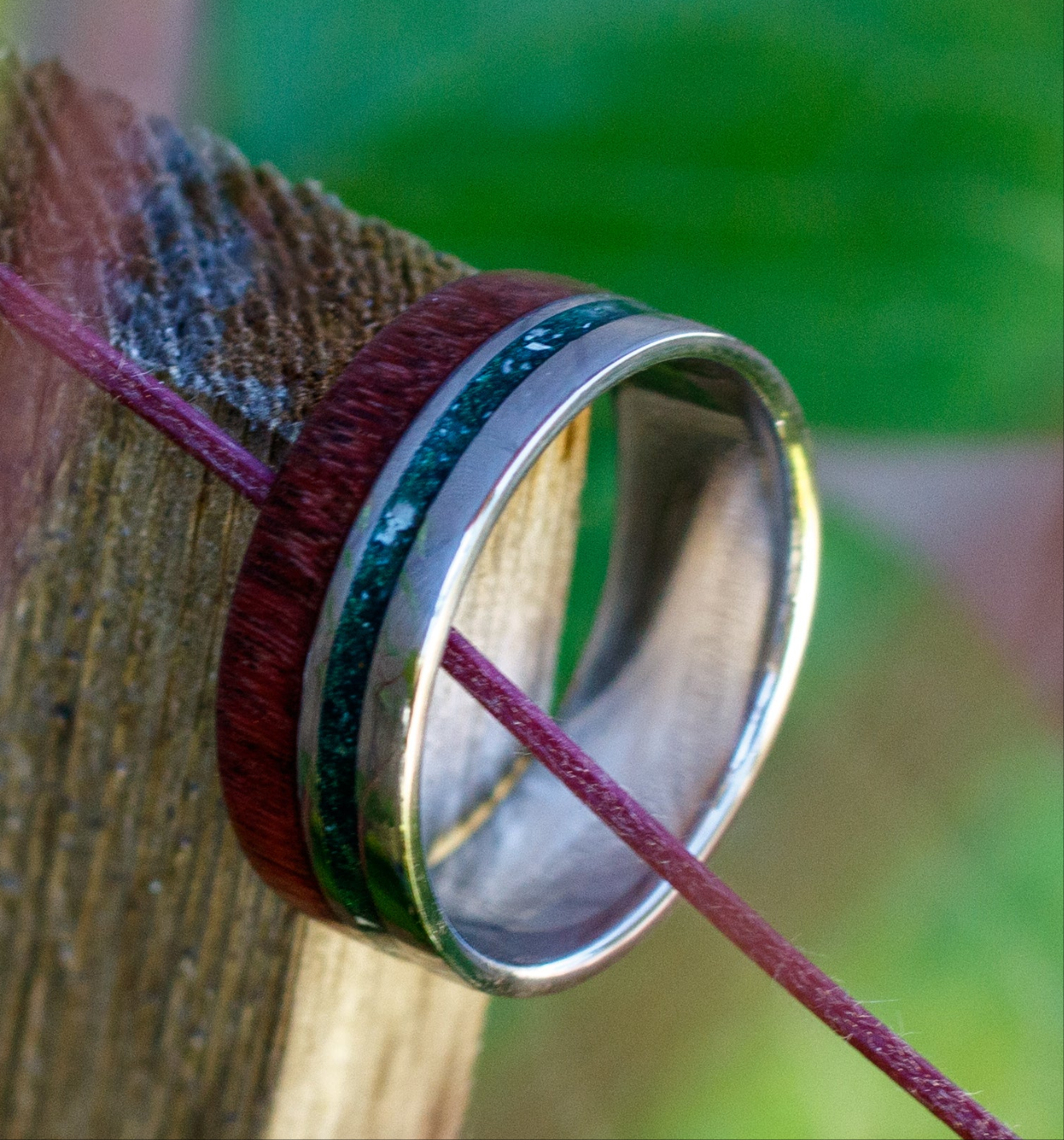 Elegant Stainless Steel Rose Wood Ring W/ Custom Inlay