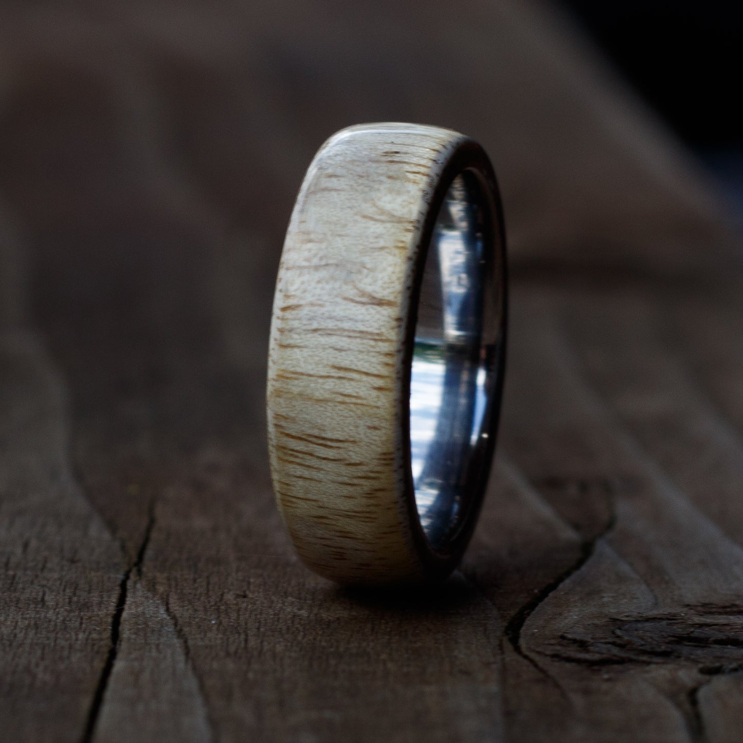 Myrtle Wood and Stainless Steel Ring