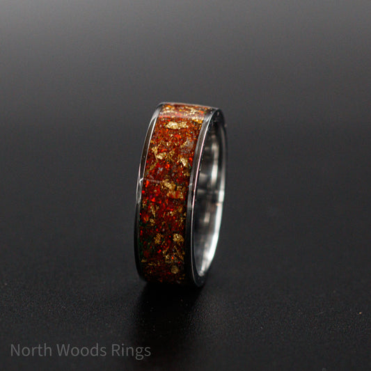 Red Opal and Gold Flake Inlaid Stainless Steel Ring