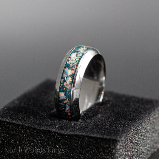White Opal and Green Inlaid Stainless Steel Ring