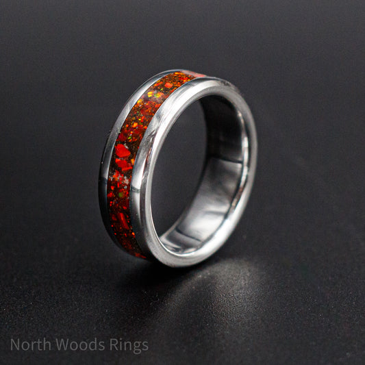 Red Opal Inlaid Stainless Steel Ring