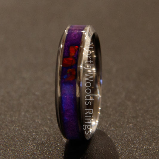 Red Opal and Purple Inlaid Stainless Steel Ring