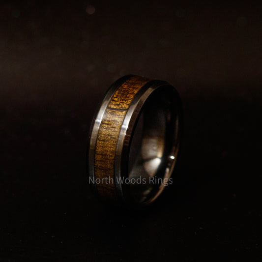 Black Ceramic Ring with Burnt Wood Inlay