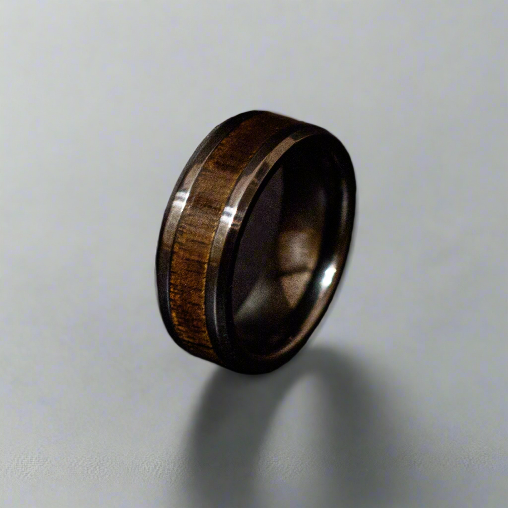 Black Ceramic Ring with Burnt Wood Inlay